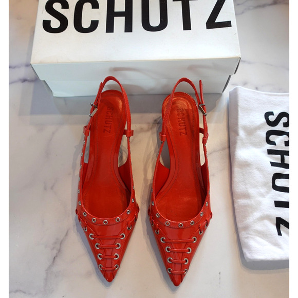 Schutz Womens Ruth Mid Pump Size 8 Red Patent Slingback Kitten Heel Pointed Toe - Picture 1 of 10